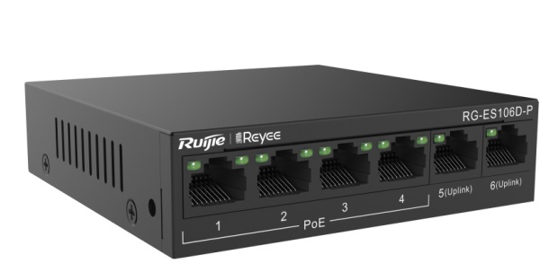 4-Port 10/100Mbps PoE + 2-Port 10/100Mbps Uplink Unmanaged Switch RUIJIE RG-ES106D-P