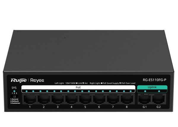 Thiết bị chuyển mạch Switch Ruijie (RG-ES110FG-P) 8-Port 10/100 Mbps PoE/PoE+ with 2-Port Gigabit